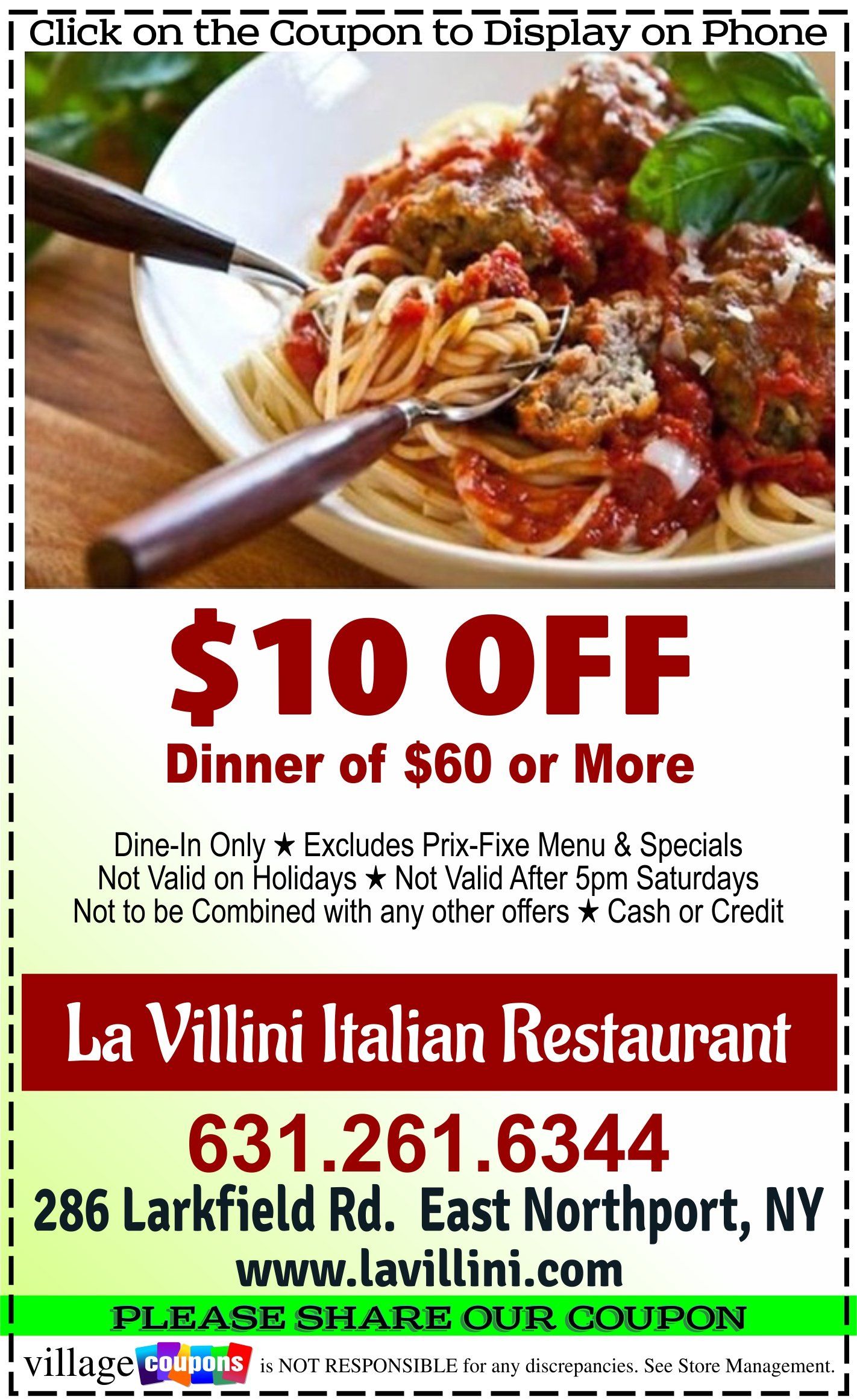 A coupon for la villini italian restaurant in east northport ny