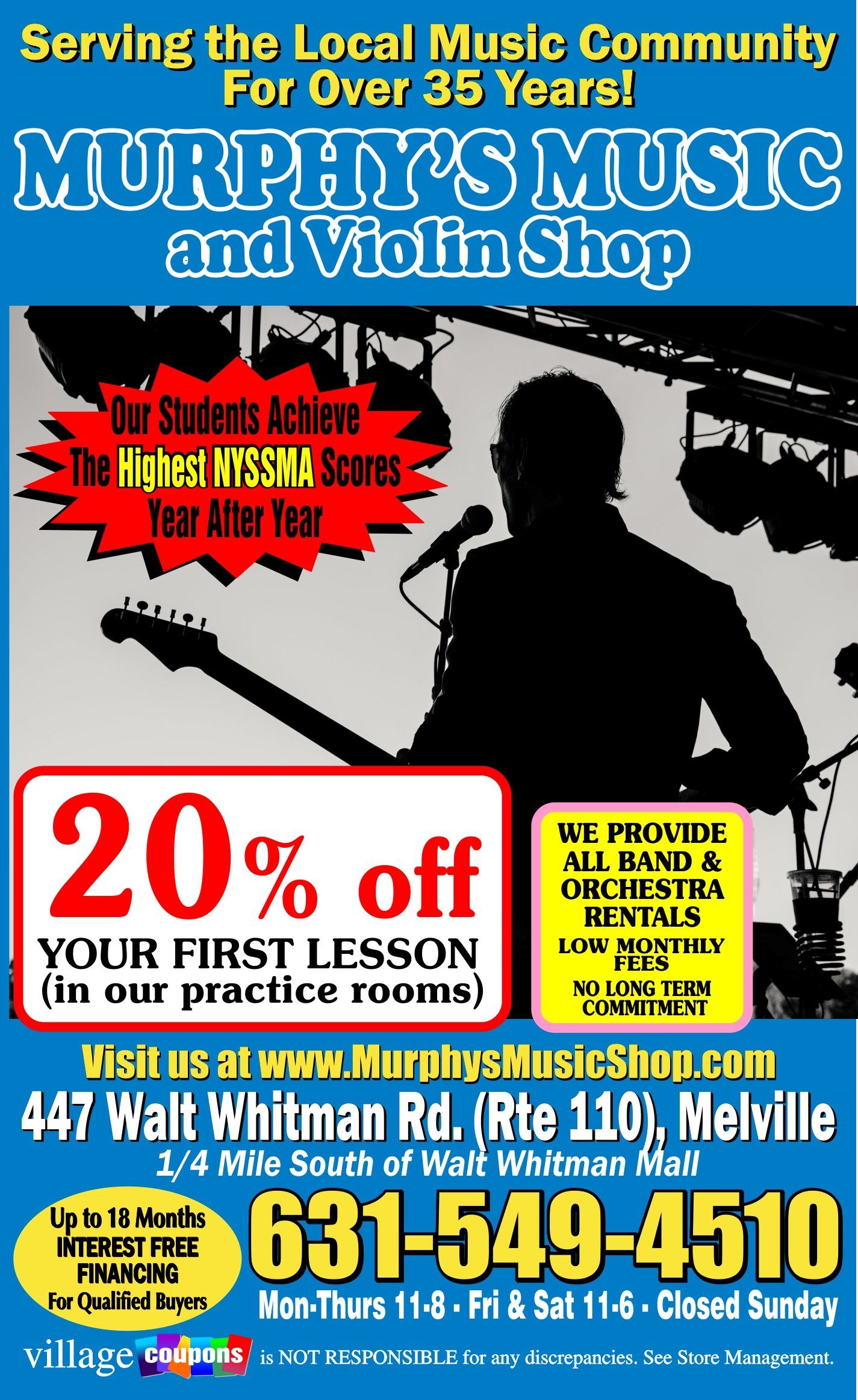 An advertisement for murphy 's music and violin shop