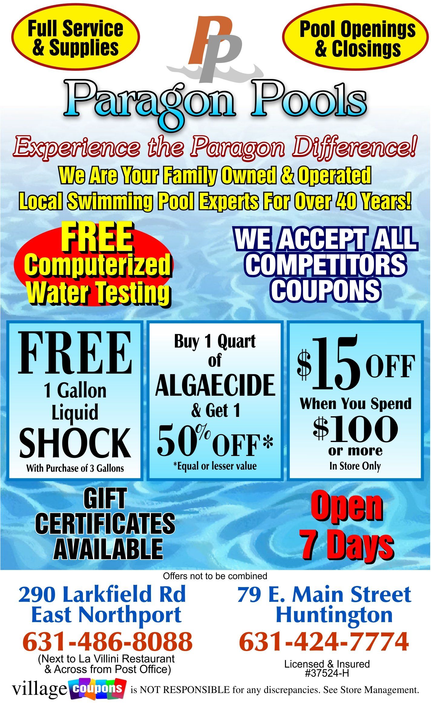 A flyer for paragon pools advertises free complimentized water testing