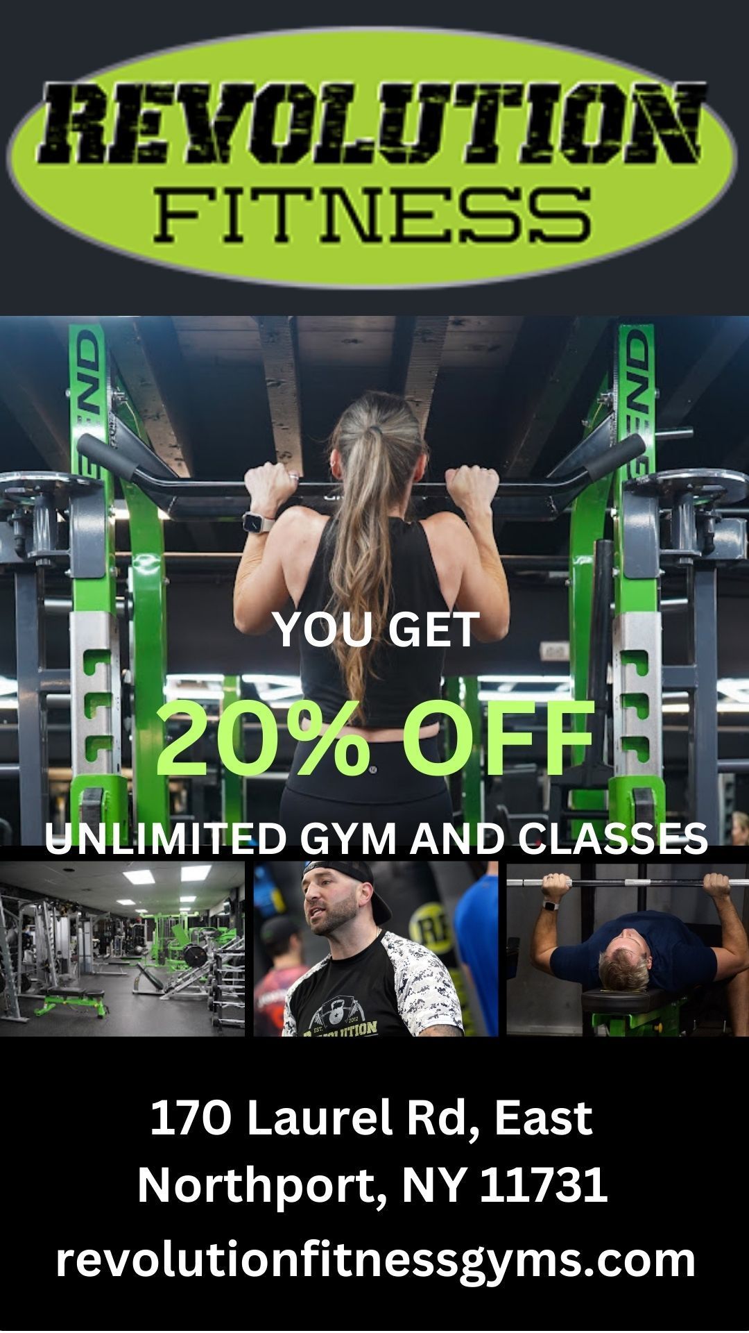 An advertisement for revolution fitness shows a woman doing pull ups