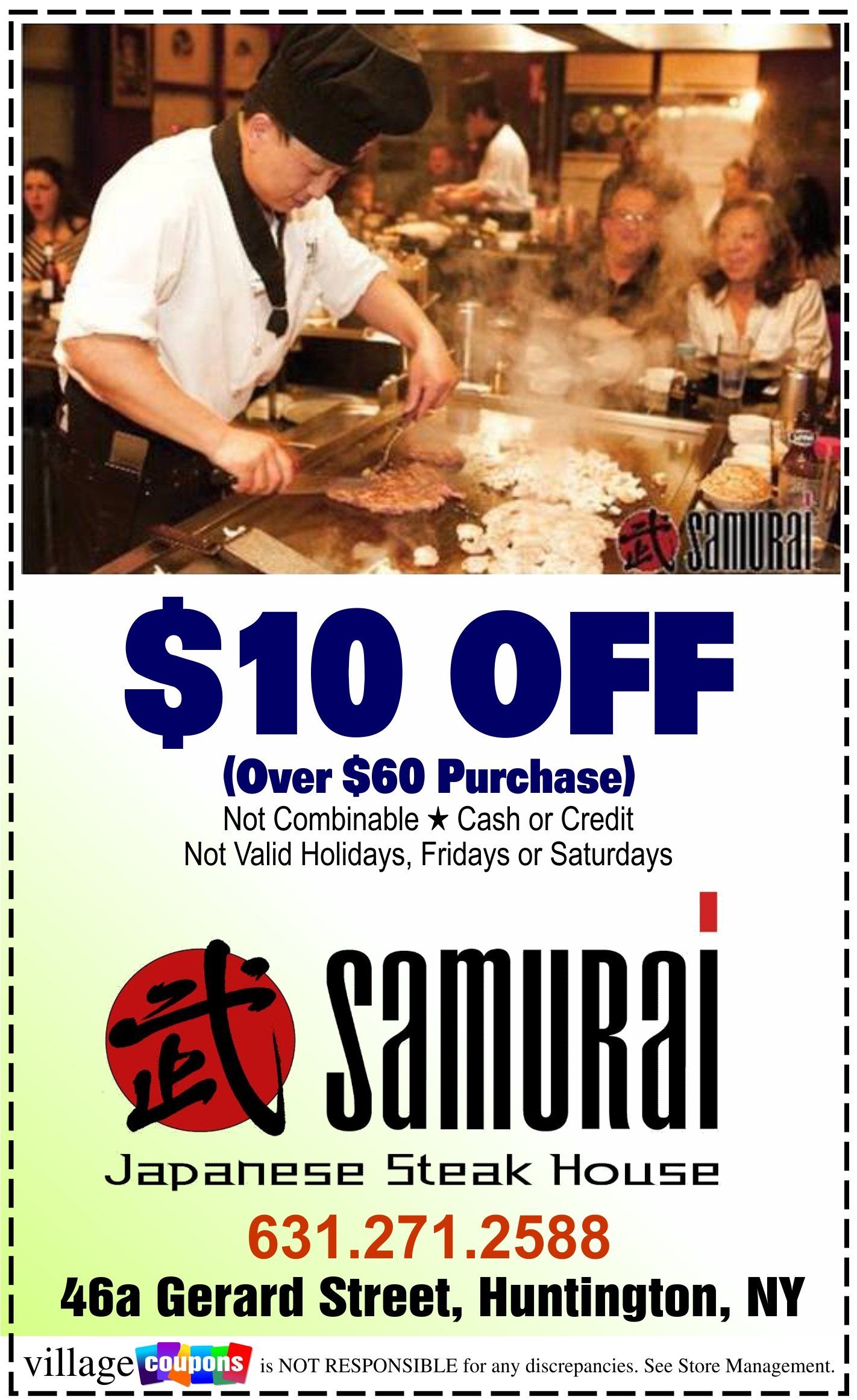 A coupon for samurai japanese steak house in huntington new york