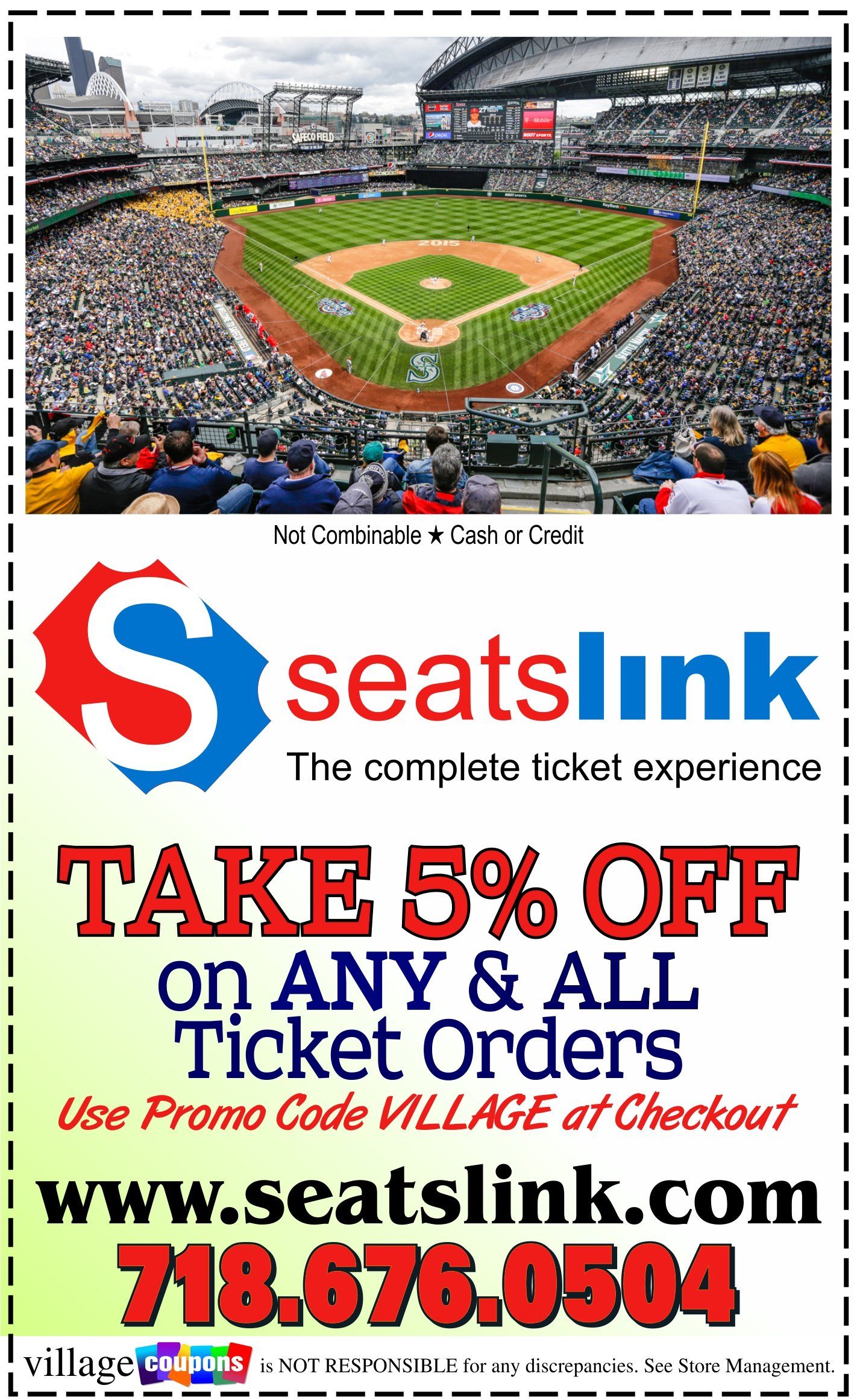 An advertisement for seatslink that says take 5% off on any & all ticket orders