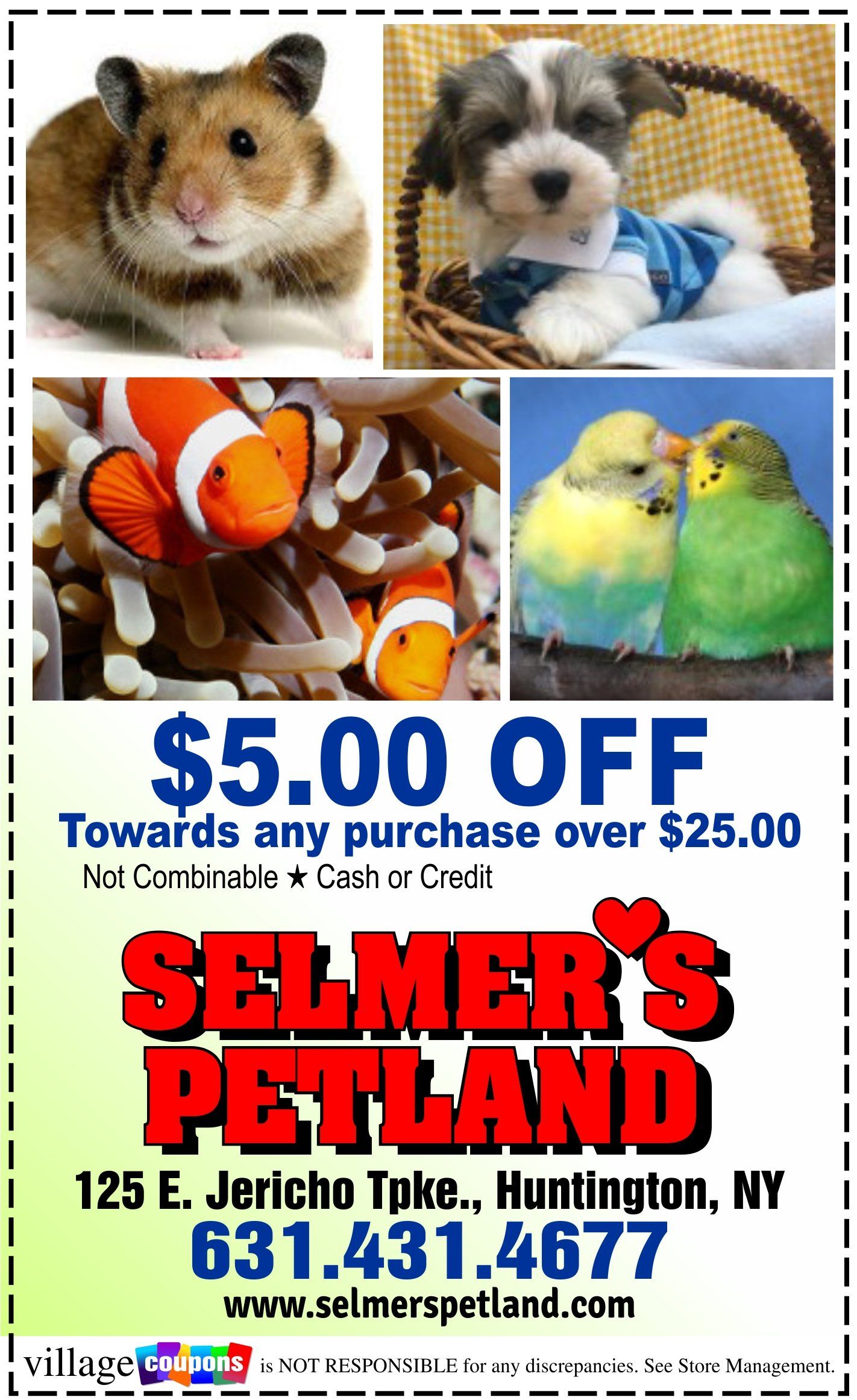 A coupon for selmer 's petland in huntington new york