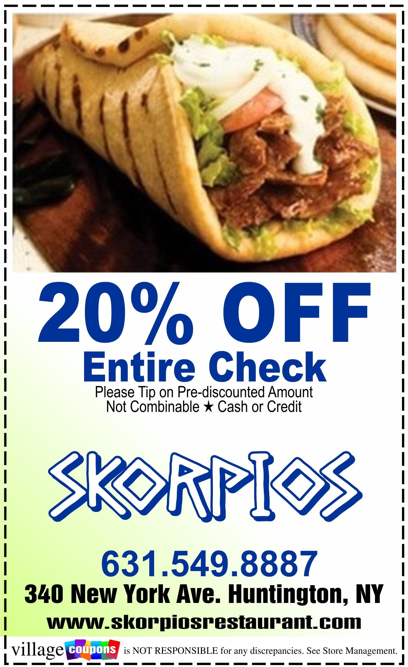 A coupon for skorpios offers a 20 % off entire check