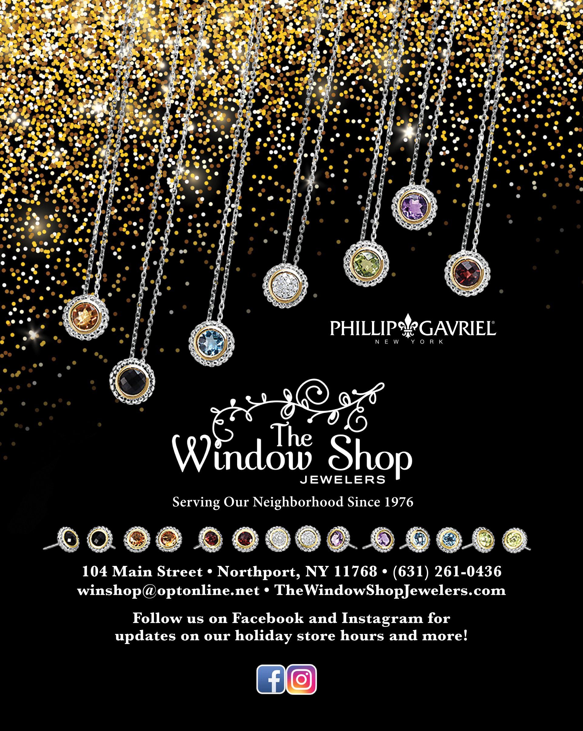 An advertisement for the window shop shows a variety of necklaces