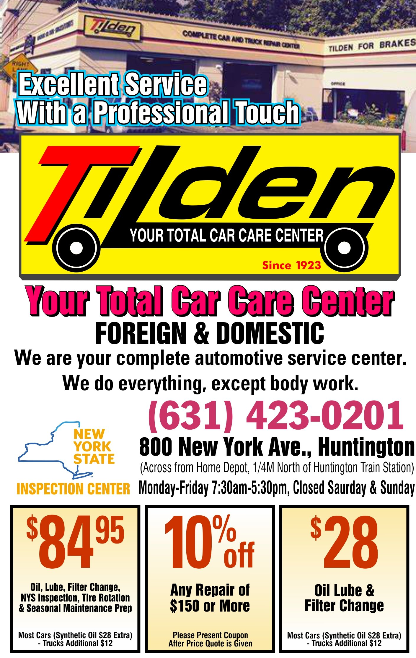 An advertisement for tilden your total car care center