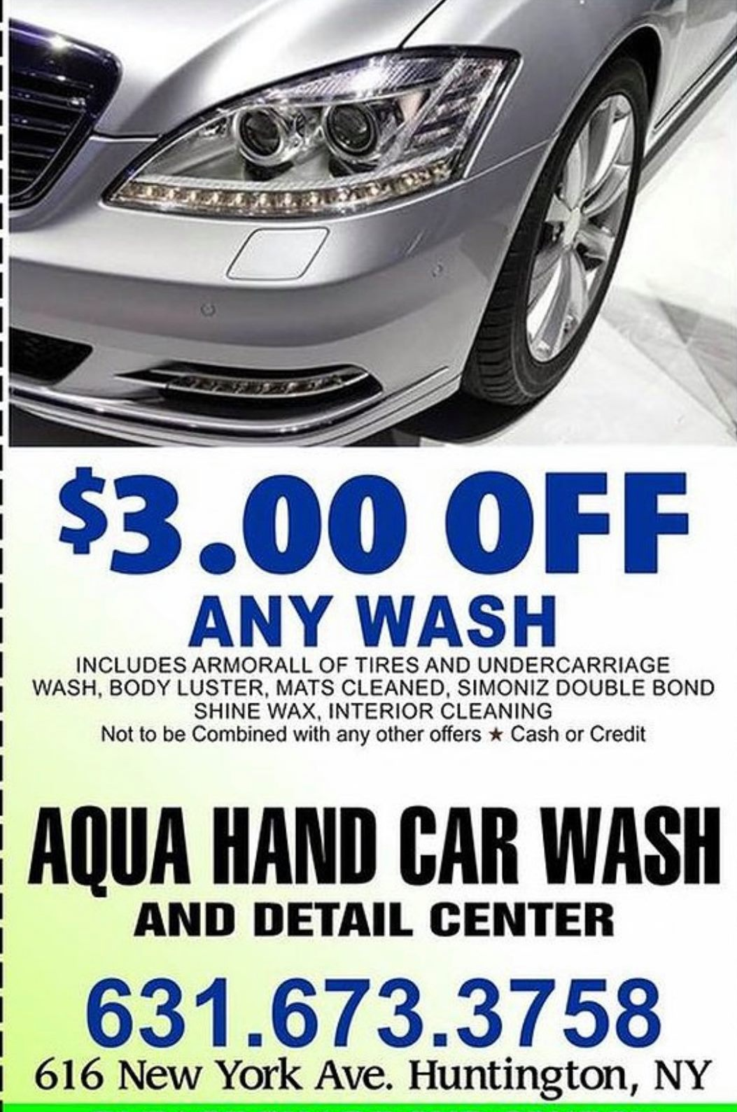 A coupon for aqua hand car wash and detail center