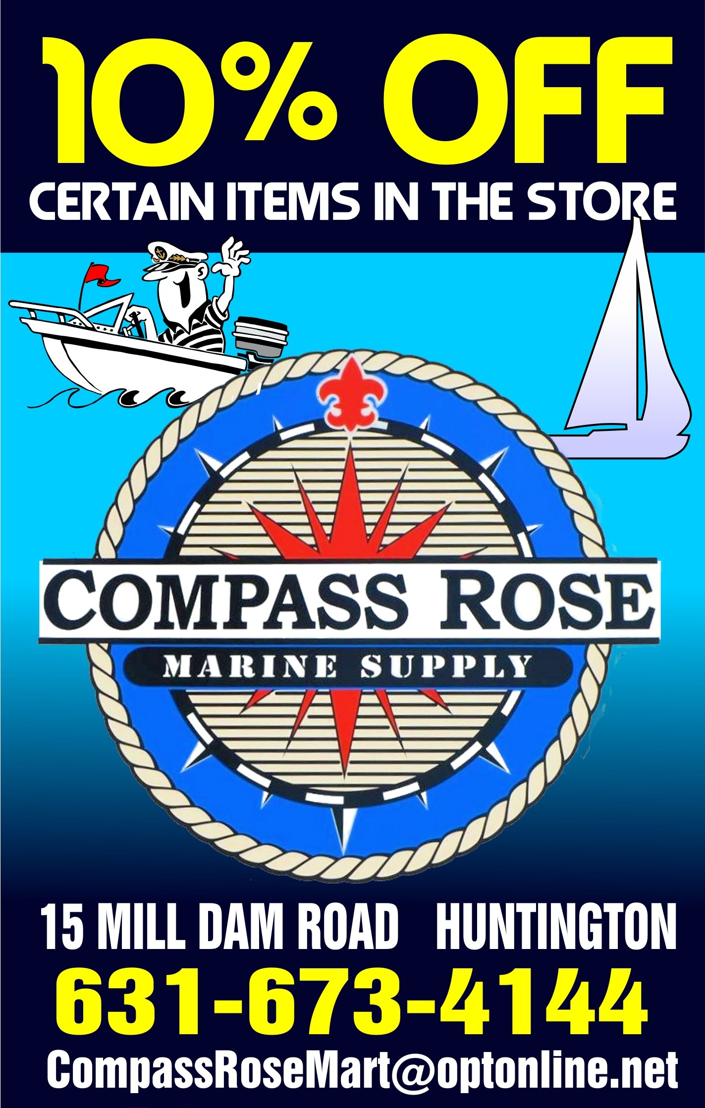 An advertisement for compass rose marine supply offers 10 % off