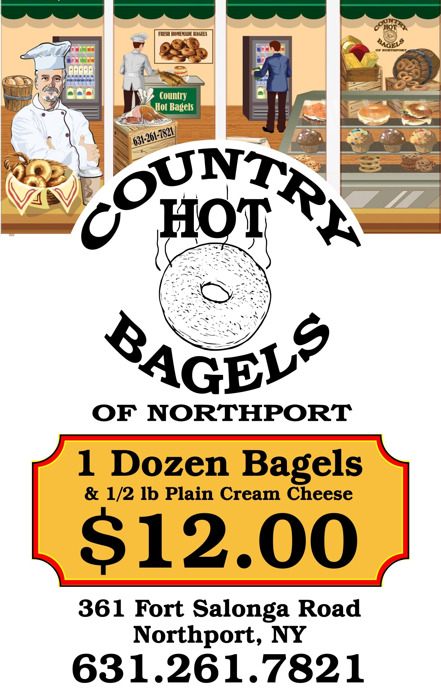 An advertisement for country hot bagels of northport