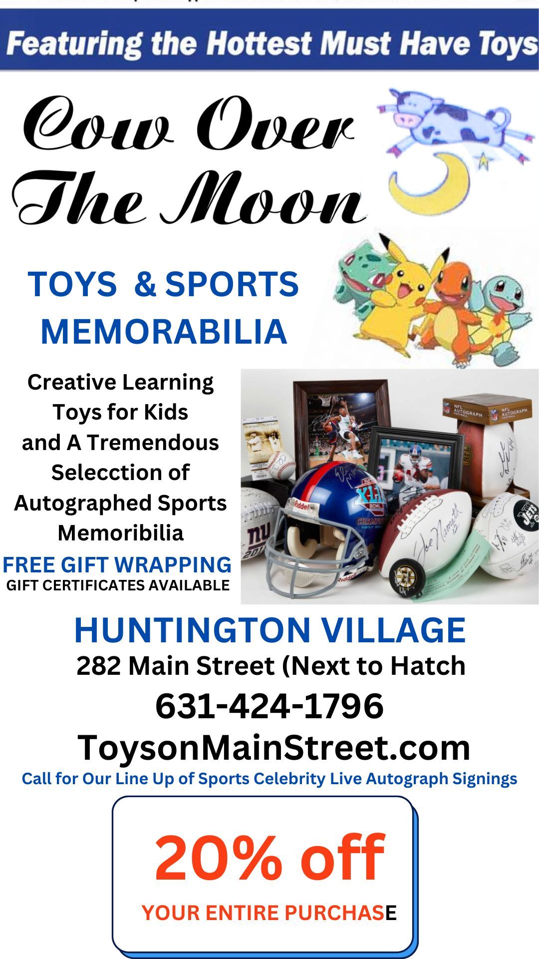 An advertisement for coin over the moon toys and sports memorabilia