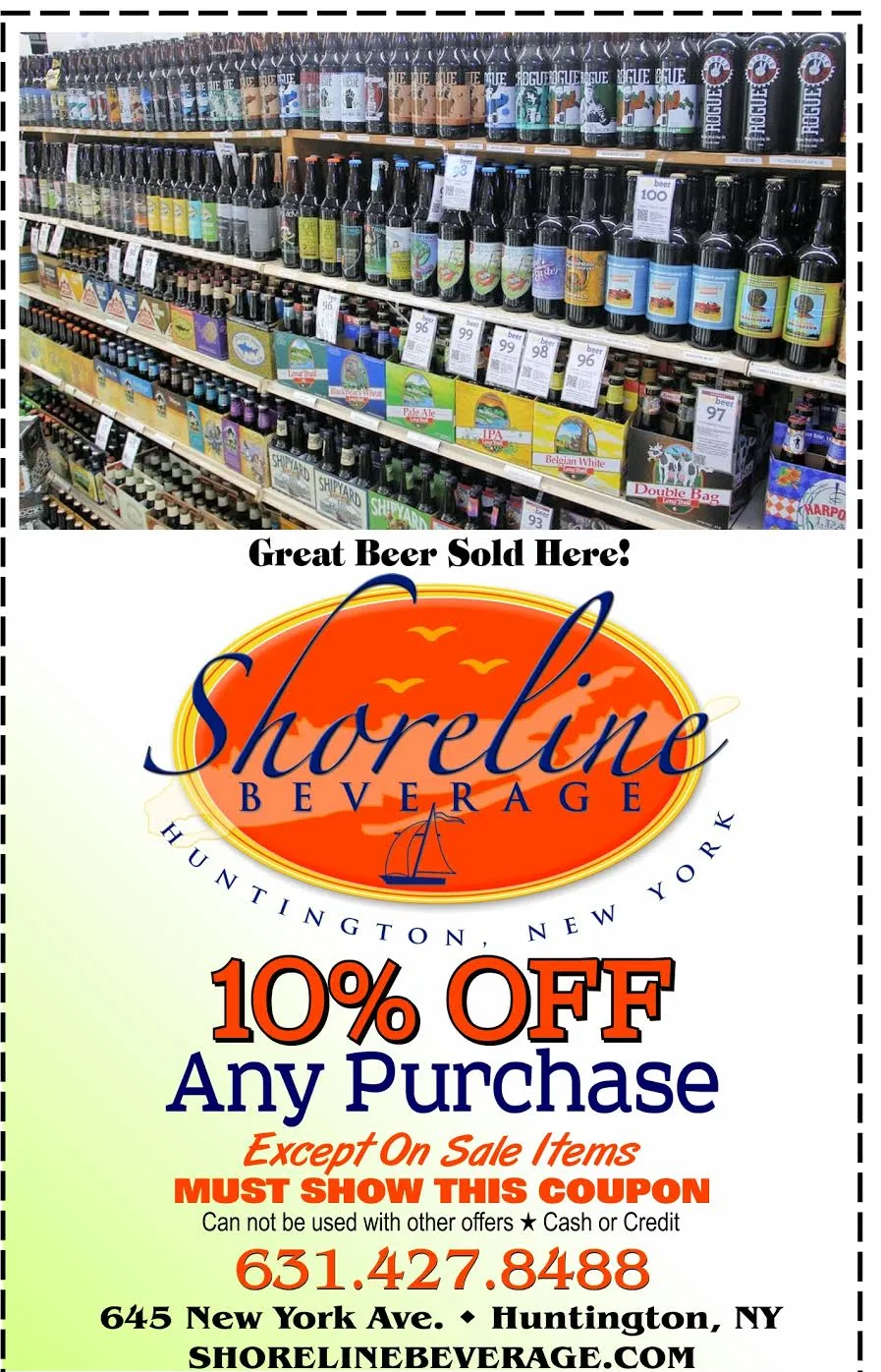 A coupon for shoreline beverage offers 10 % off any purchase