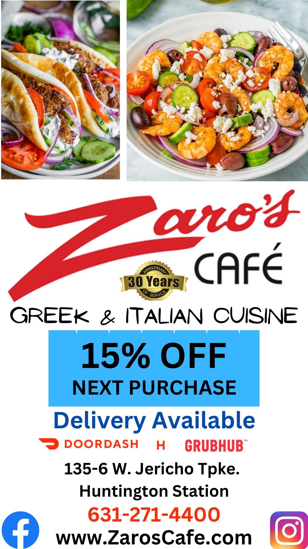 An advertisement for zaros cafe greek and italian cuisine