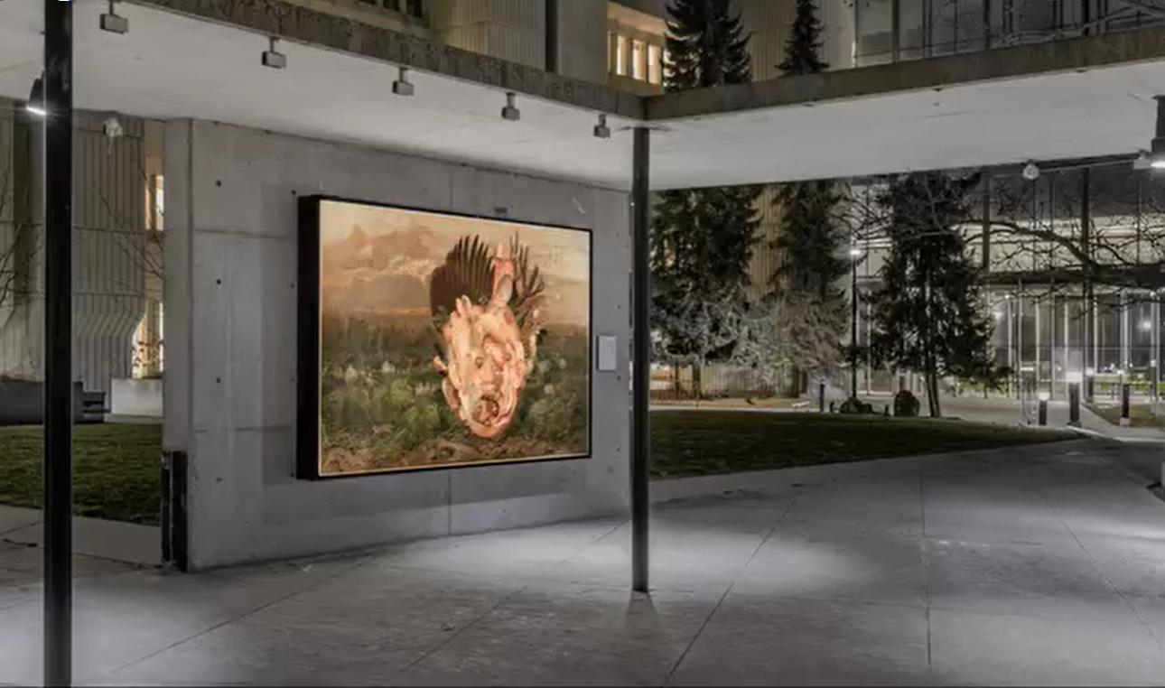 A large painting is hanging on a wall outside of a building.