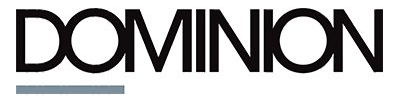 A black and white logo for dominion on a white background.