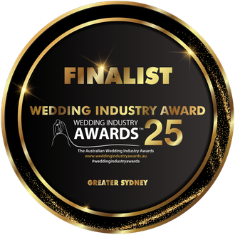 Finalist badge for the Wedding Industry Awards 25, Greater Sydney. Black and gold circular design.