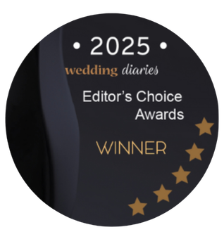 Award badge: 2025 Wedding Diaries Editor's Choice Winner. Gold text and stars on a black background.
