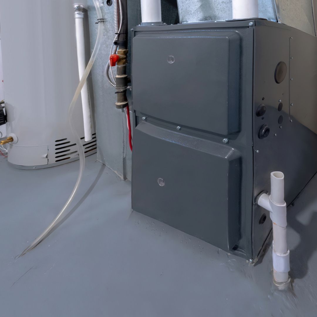 A gray furnace is sitting in a room next to a water heater