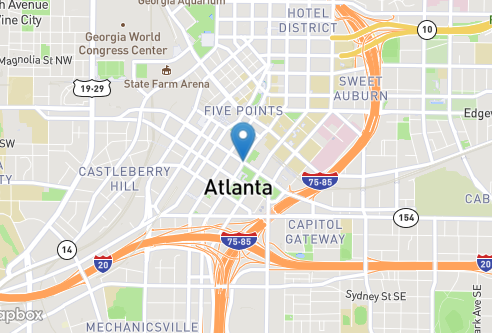 Map of Atlanta, Georgia, with a blue marker indicating a central location within the city.