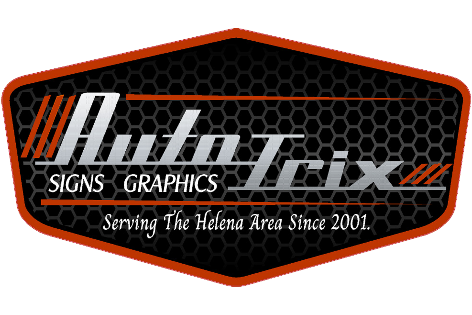 A logo for auto trix signs graphics serving the helena area since 2001