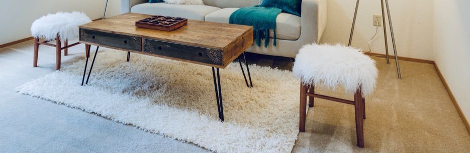 Living room with a wooden coffee table, white rug, fluffy stools, and a couch with a teal throw blanket.