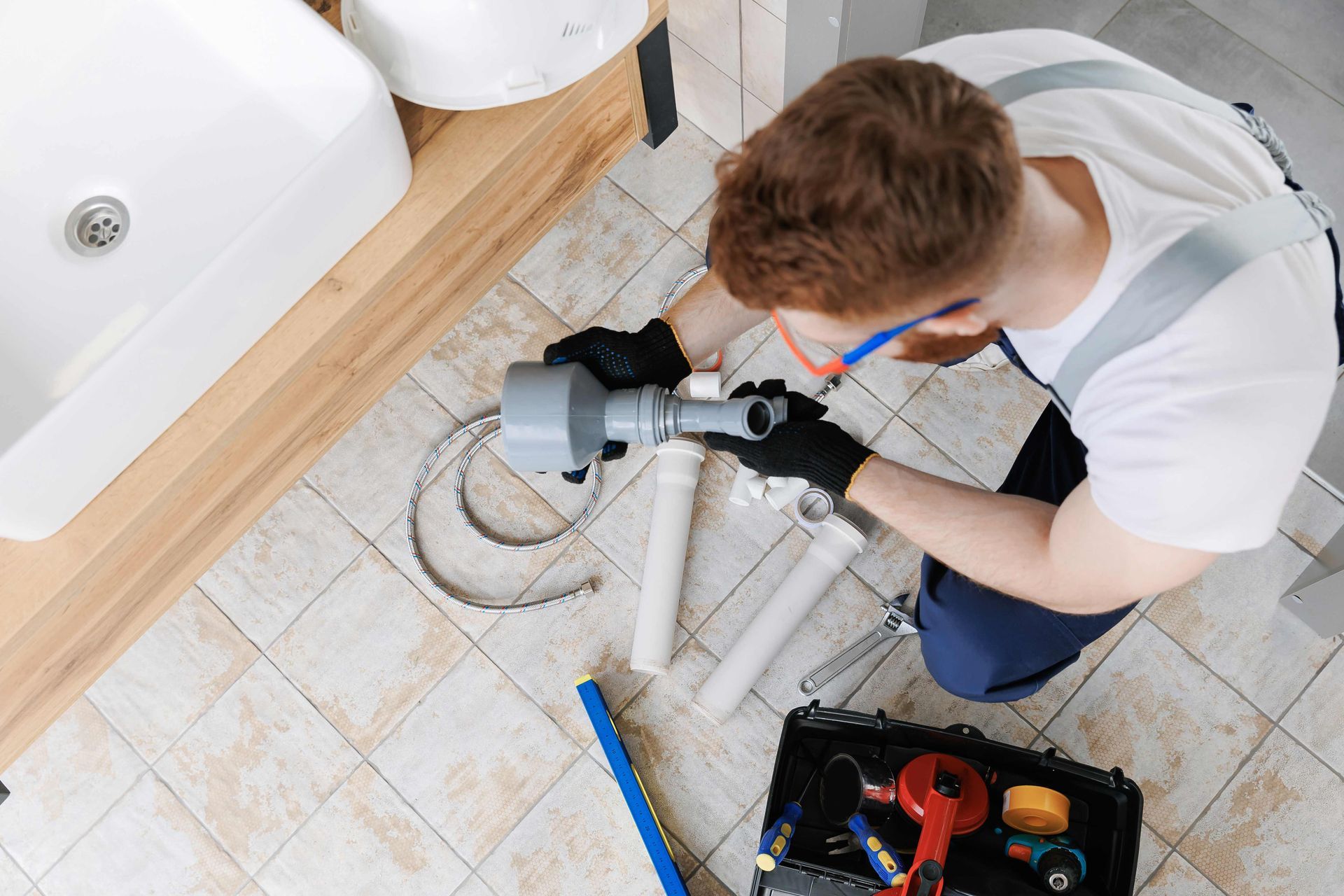 Plumber working on sink pipes in a bathroom, wearing gloves and safety glasses.