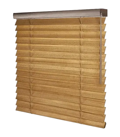 Wooden venetian blinds, lowered to allow filtered light.