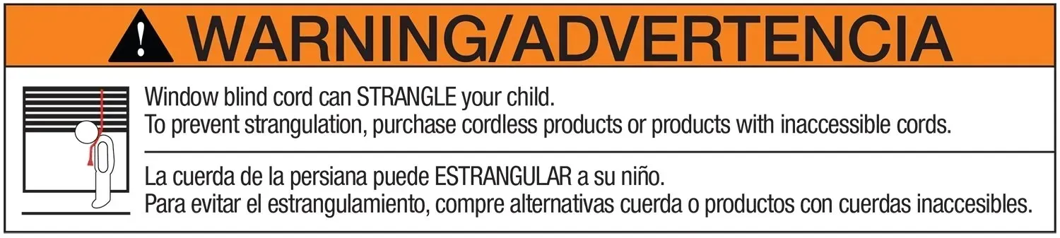 Warning label about window blind cords strangling children; orange background with text in English and Spanish.