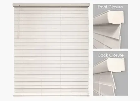 White window blinds, closed. Details show front and back closure of blinds.