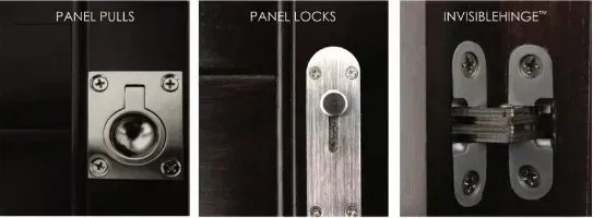 Three hardware examples: panel pulls, panel locks, and invisible hinge.