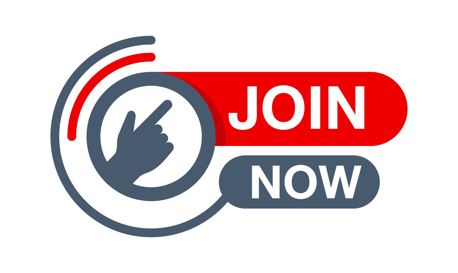 A red and gray sign that says `` join now '' with a hand pointing at it.