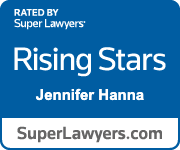 Super Lawyers Rising Stars badge for Jennifer Hanna. Blue, white, and gray.
