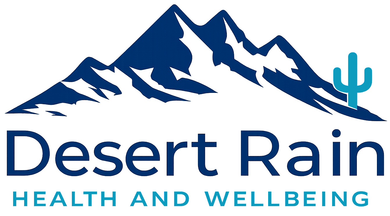 Desert Rain Health and Wellbeing logo with blue mountain graphic and cactus icon