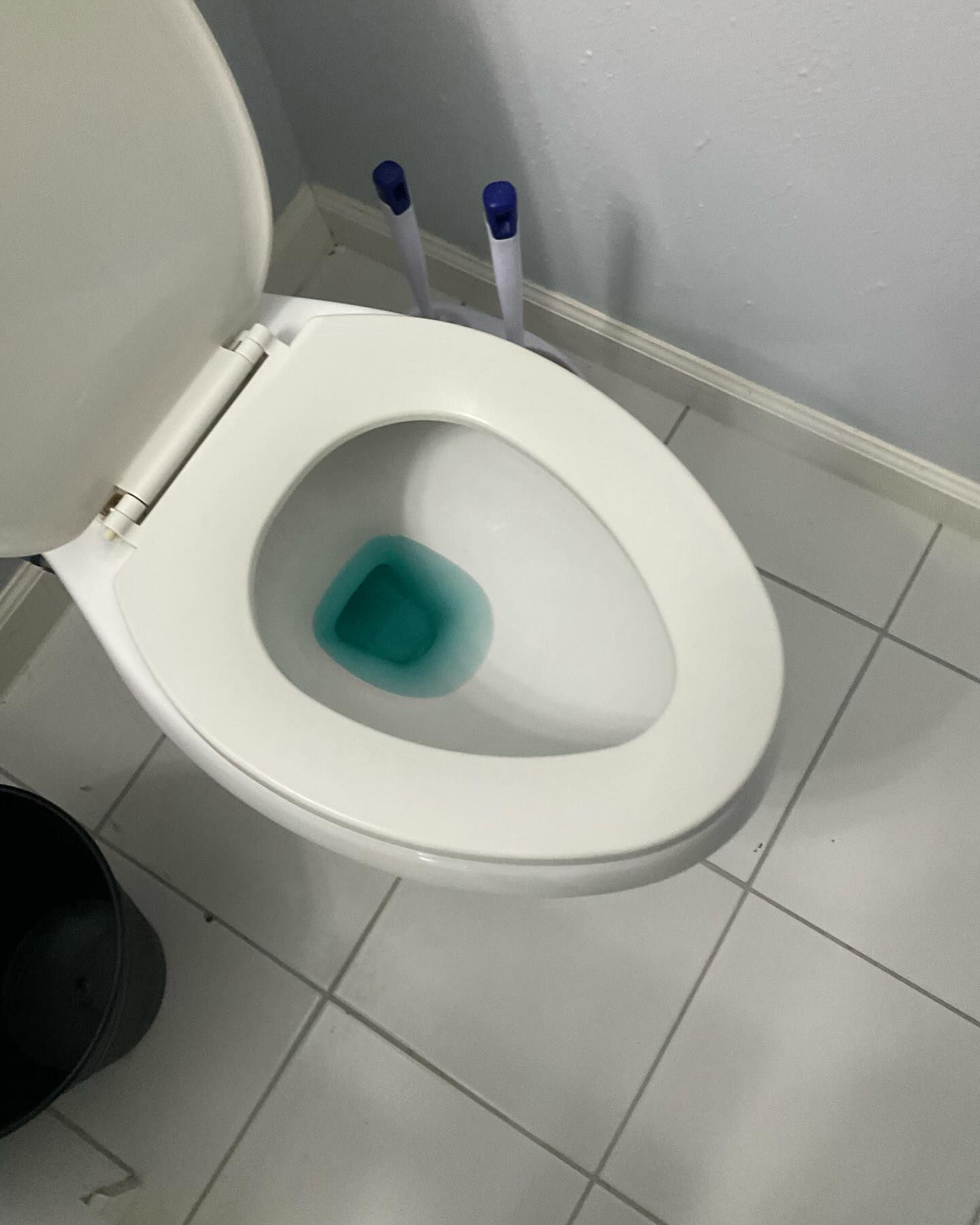 A toilet with a blue liquid coming out of it