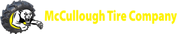 Logo for McCullough Tire Company: A white, muscular bear with tire on a yellow background and yellow text.