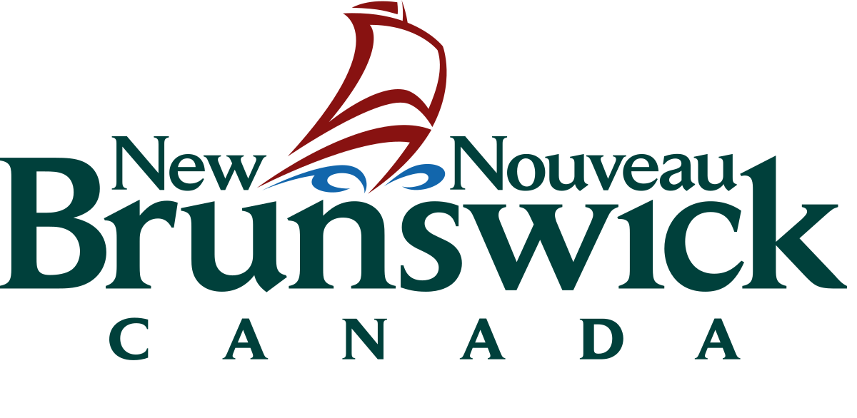 New Brunswick, Canada logo with a stylized sailboat. Dark green text, red and blue accents.