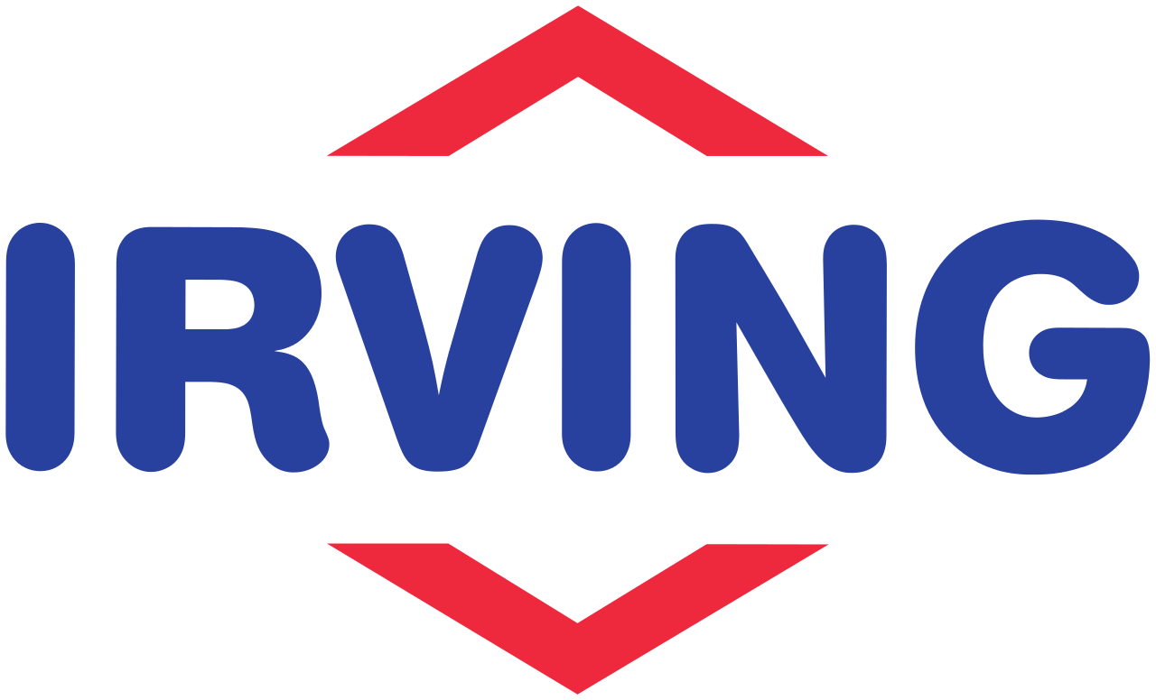 Irving logo with blue text and a red up/down arrow symbol.