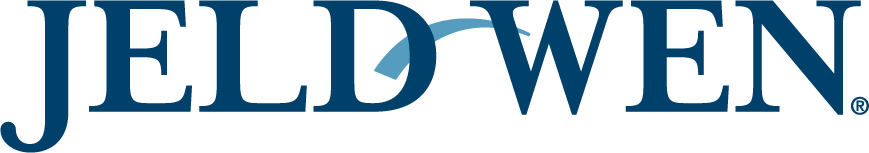 JELD-WEN logo in dark blue font, with a curved blue line over the
