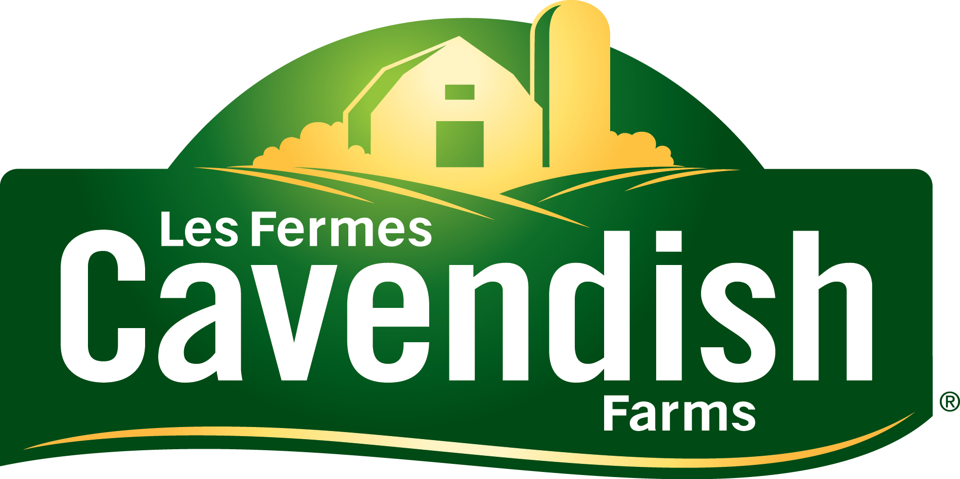 Logo for Les Fermes Cavendish Farms, featuring a farm scene with a barn, silo, and fields in shades of green and gold.