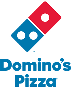 Domino's Pizza logo: Red and blue domino tile with white dots, below blue text: Domino's Pizza.