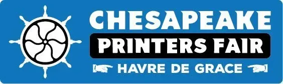 A logo for the lancaster printers fair and the chesapeake print & book arts fair.