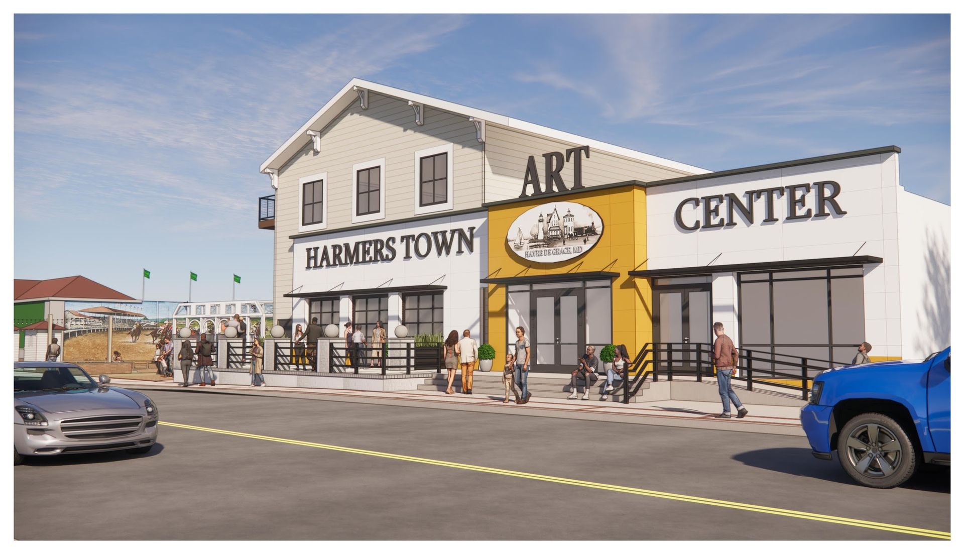 An artist 's impression of a farmers town art center.