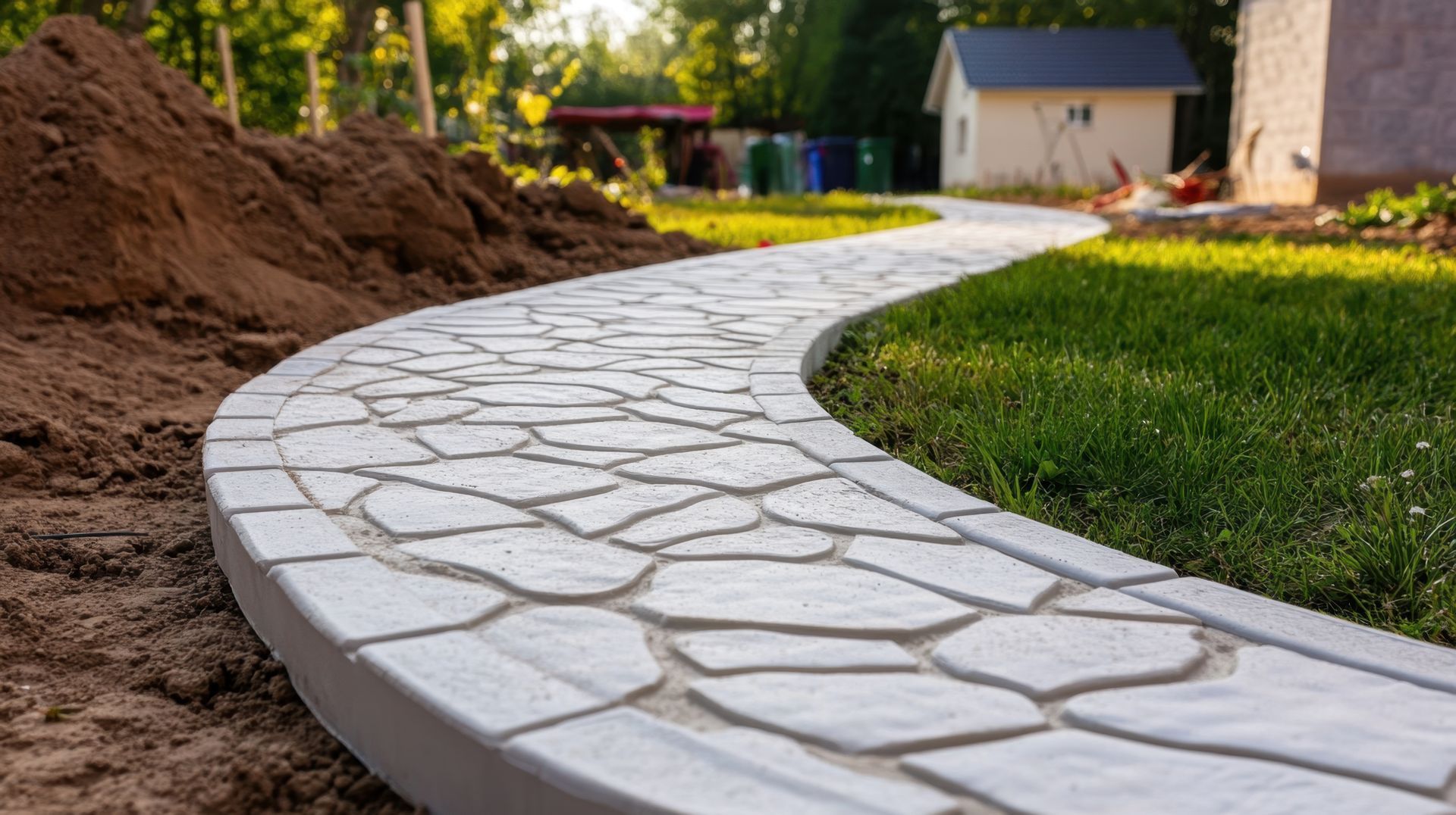 Curved white stone walkway under construction beside grass and dirt piles