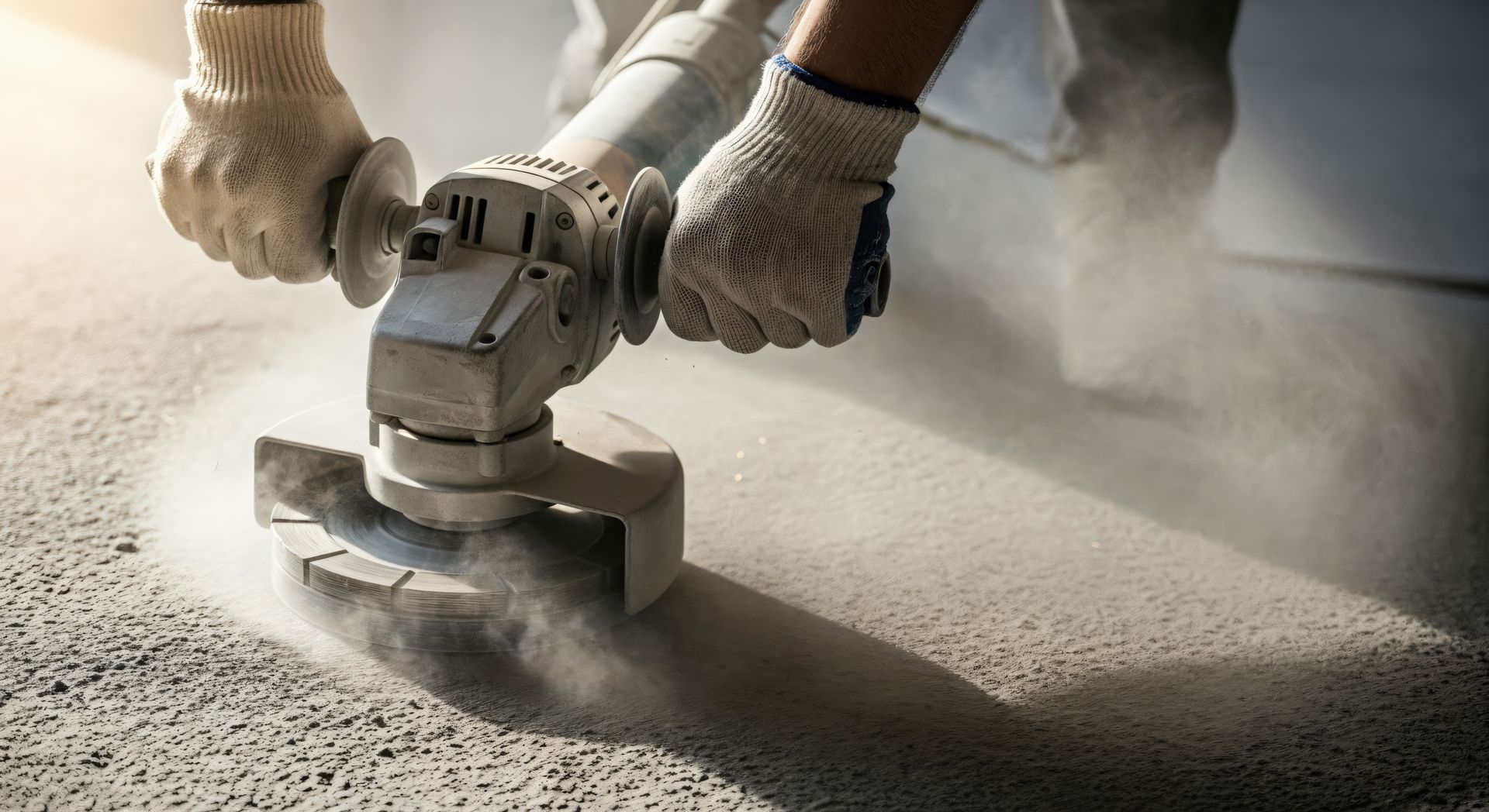 Gloved hands using an angle grinder to smooth concrete, with dust rising around the tool.
