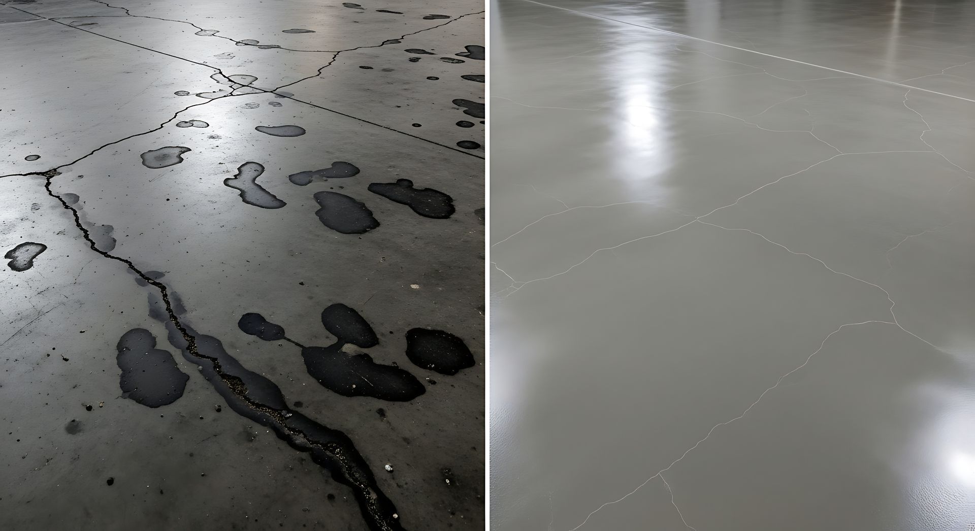 Split view of a concrete floor: cracked, wet patches on the left and a smooth gray surface on the right.