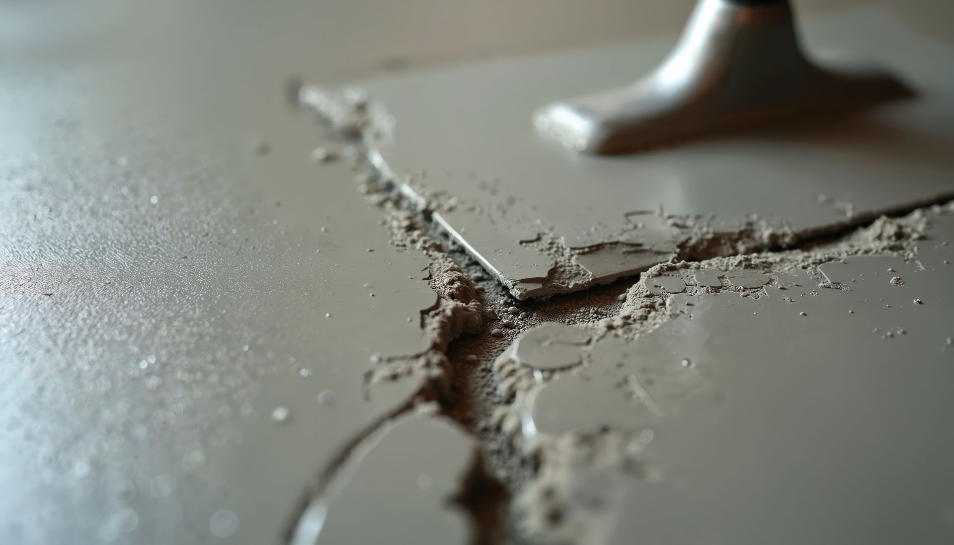 Close-up of a cracked concrete floor with a small metal foot or leg above it