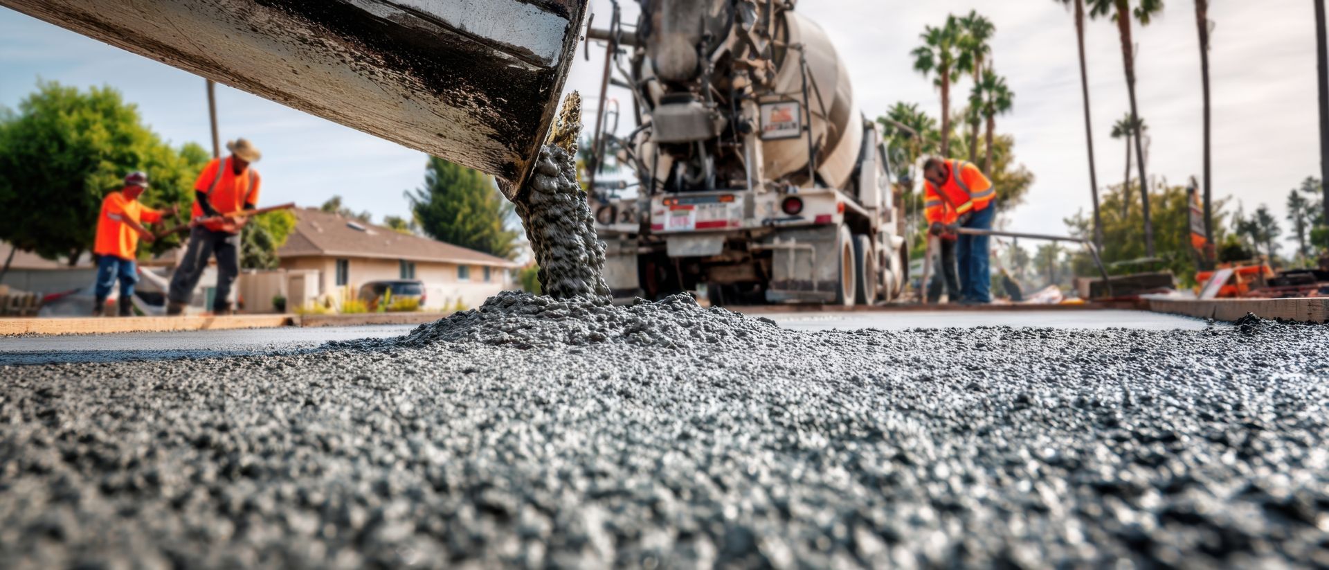 Road paving crew laying fresh asphalt on a street, with a paving machine and workers in orange vests