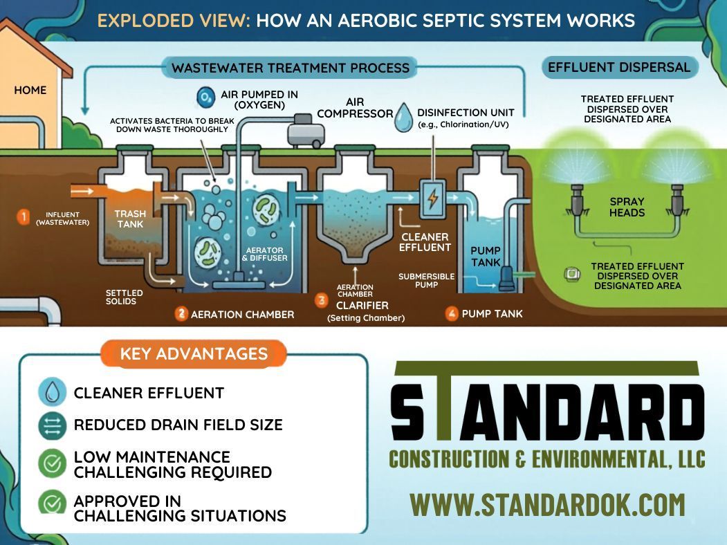 Exploded diagram of an aerobic septic system with labeled parts, blue-green water flow, and Standard Construction branding
