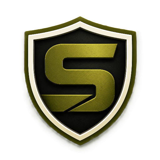 Black shield logo with metallic gold letter S and olive outline