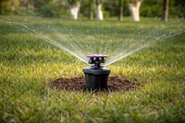 Septic sprinkler on a grassy lawn, spraying water in a wide arc