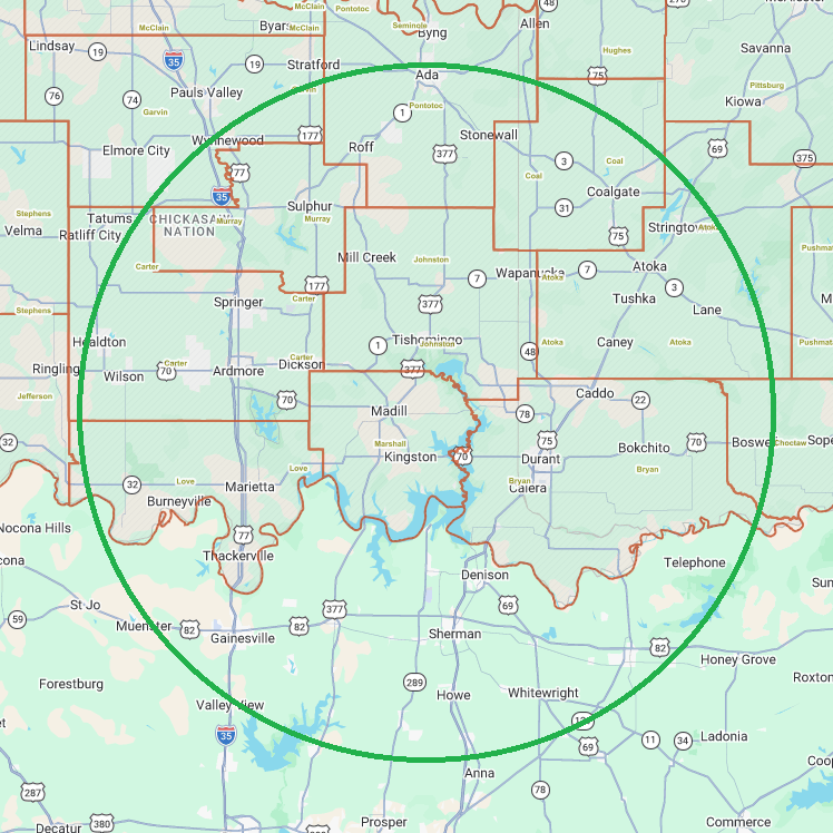 A map showing Oklahoma and Texas border regions with a large green circle encompassing the area around Lake Texoma.
